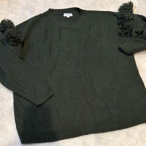 Mud Pie Dark Green Sweater with Sleeve Fringe
